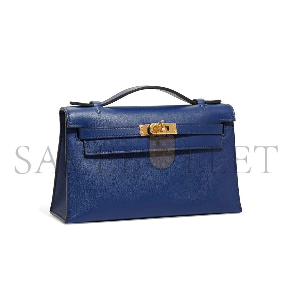 H**mes a bleu saphir swift leather kelly pochette with gold hardware (22*14*7cm)